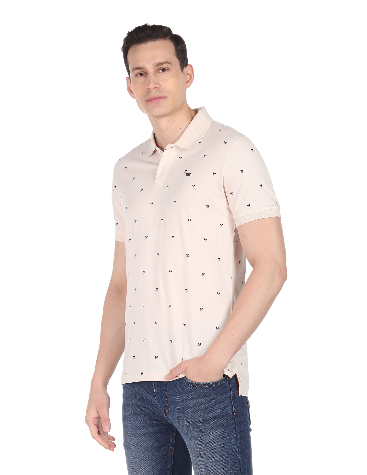 AD by Arvind Geometric Print Cotton Polo Shirt