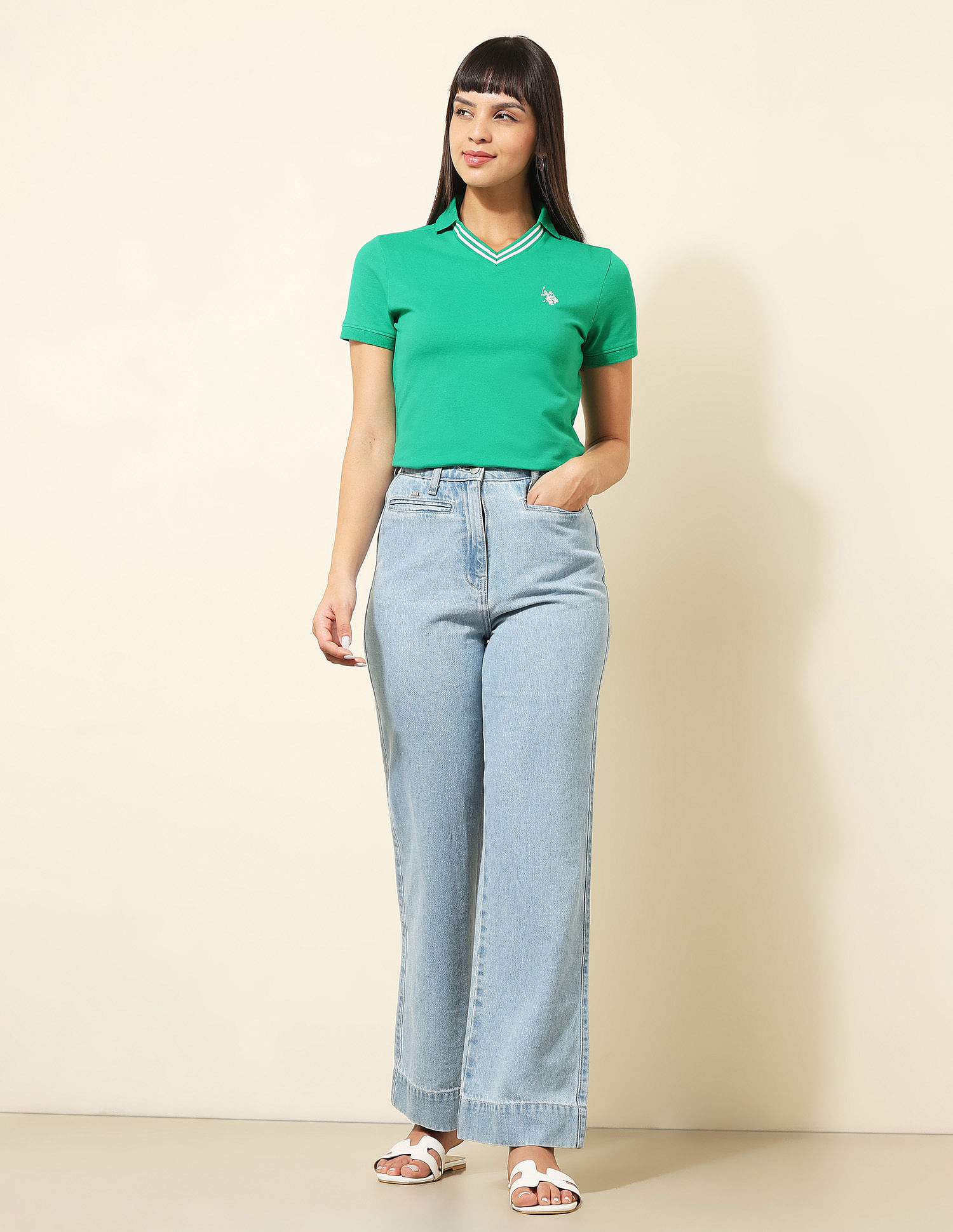 U.S. Polo Assn. Women Tipped V-Neck Solid Polo Shirt