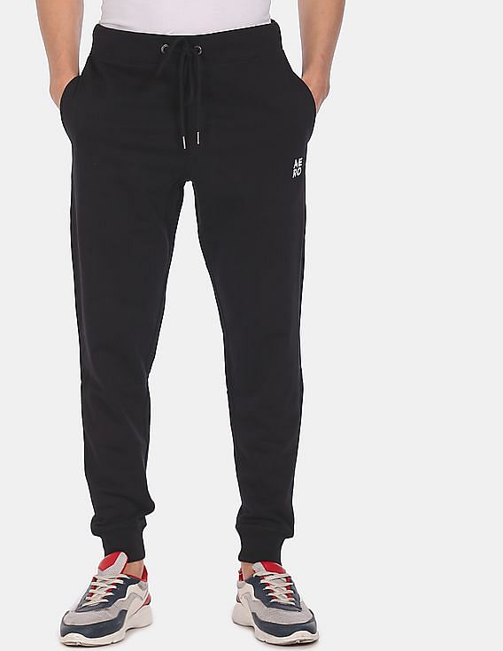 Aeropostale Men Black Drawstring Waist Solid Cotton Joggers