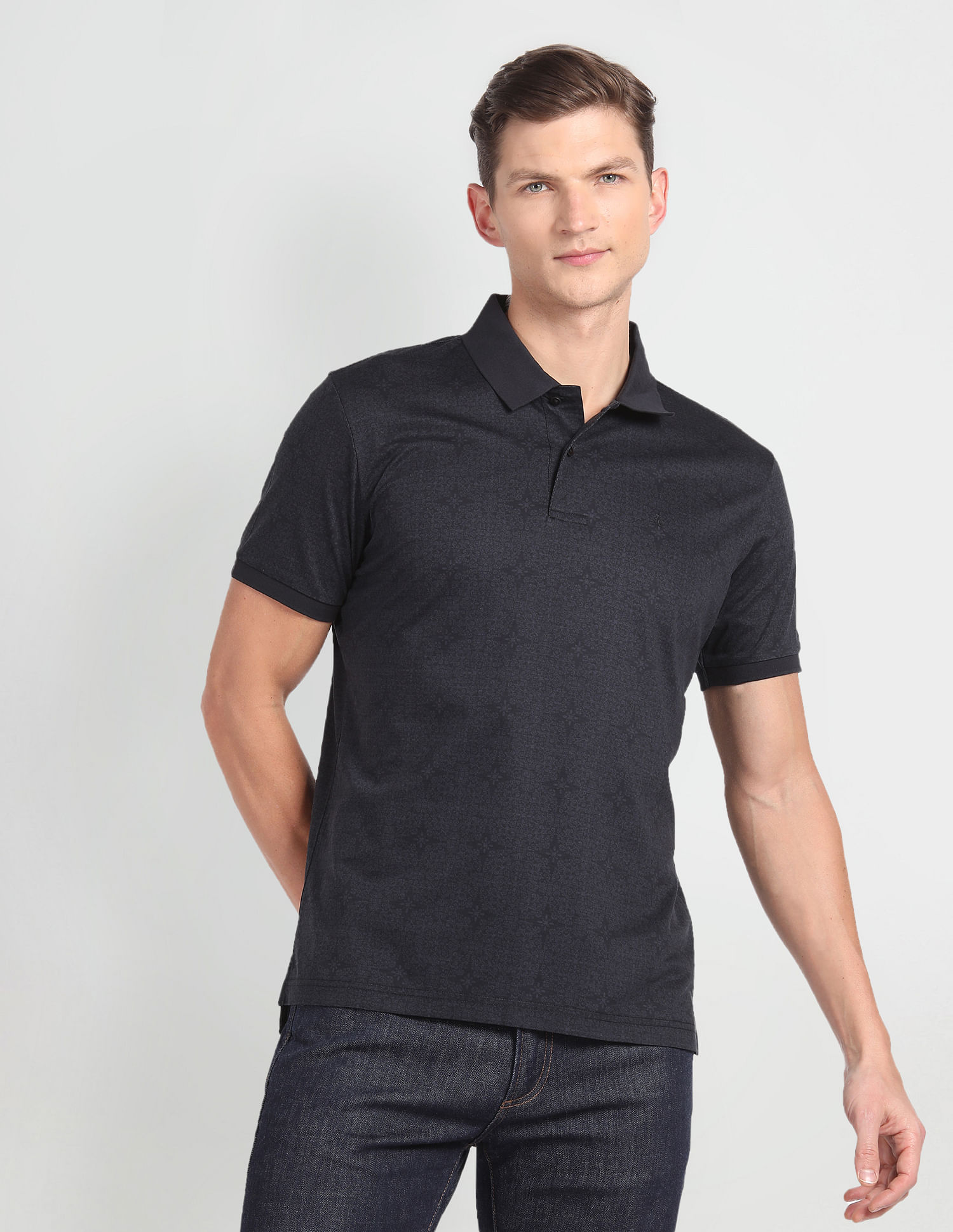 Arrow Motif Print Cotton Polo Shirt