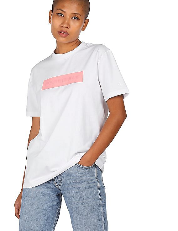 Buy Calvin Klein Women White Round Neck Embossed Logo T-Shirt 