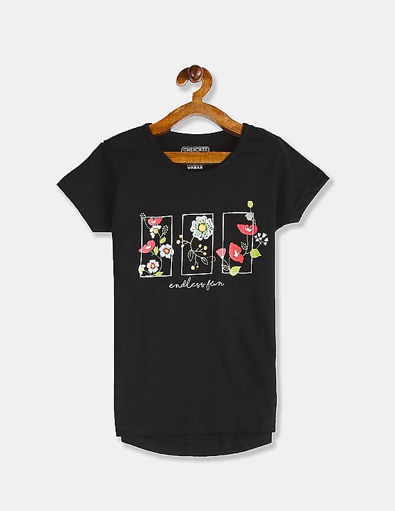 Buy Cherokee By Unlimited Girls Black Round Neck Floral Print T Shirt Nnnow Com