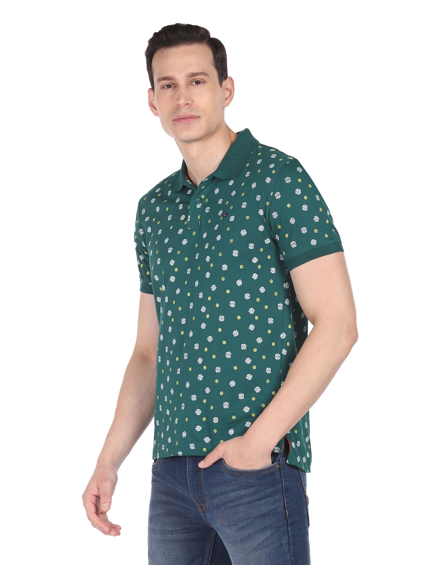 AD by Arvind Geometric Print Cotton Polo Shirt