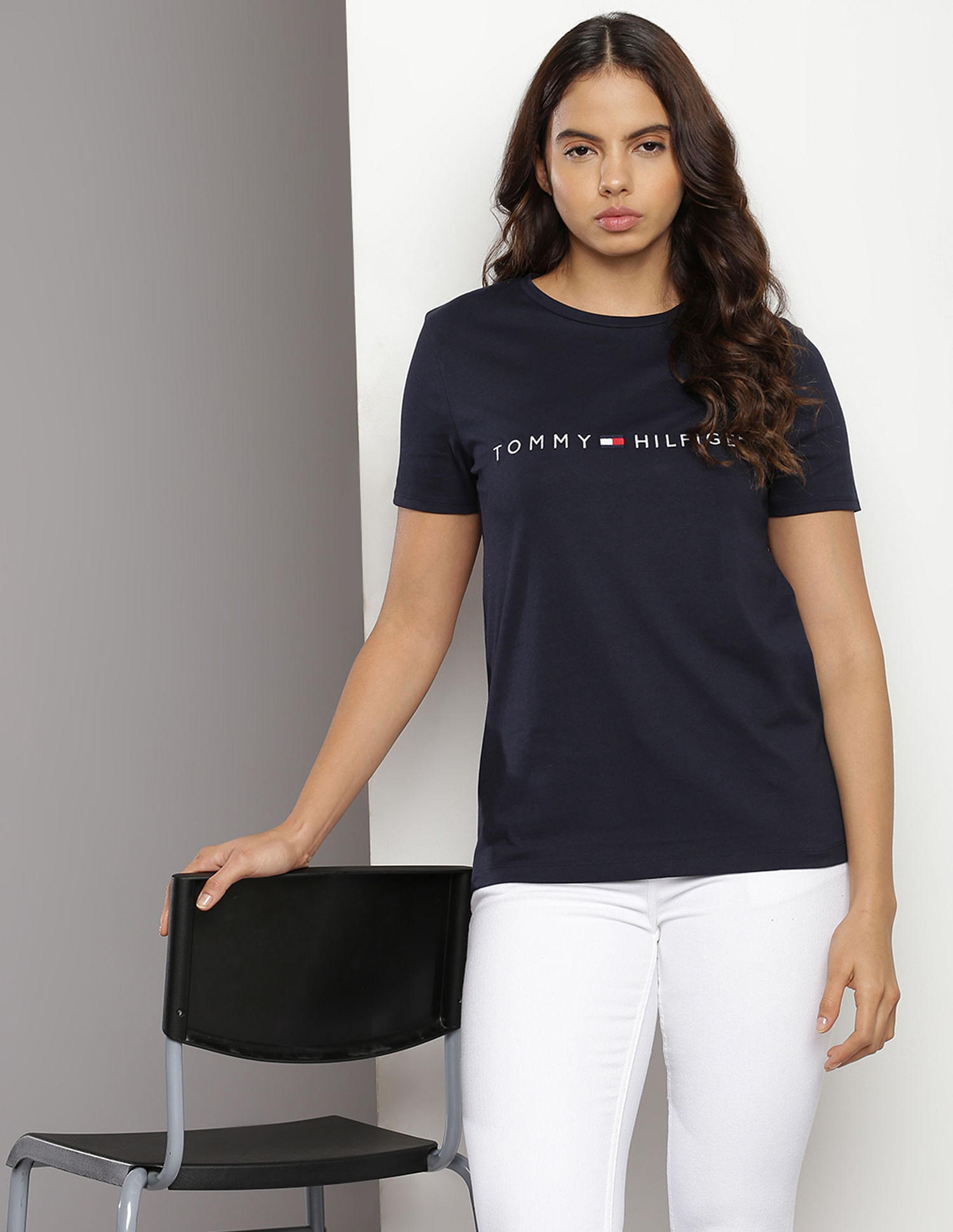 Buy Tommy Hilfiger Women Navy Round Neck Brand Print T-Shirt - NNNOW.com