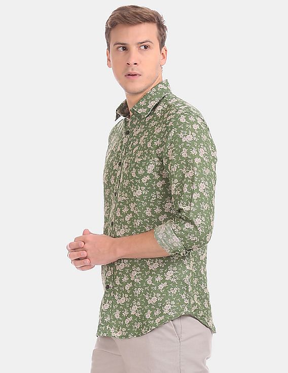 U.S. Polo Assn. Spread Collar Floral Print Linen Cotton Casual Shirt
