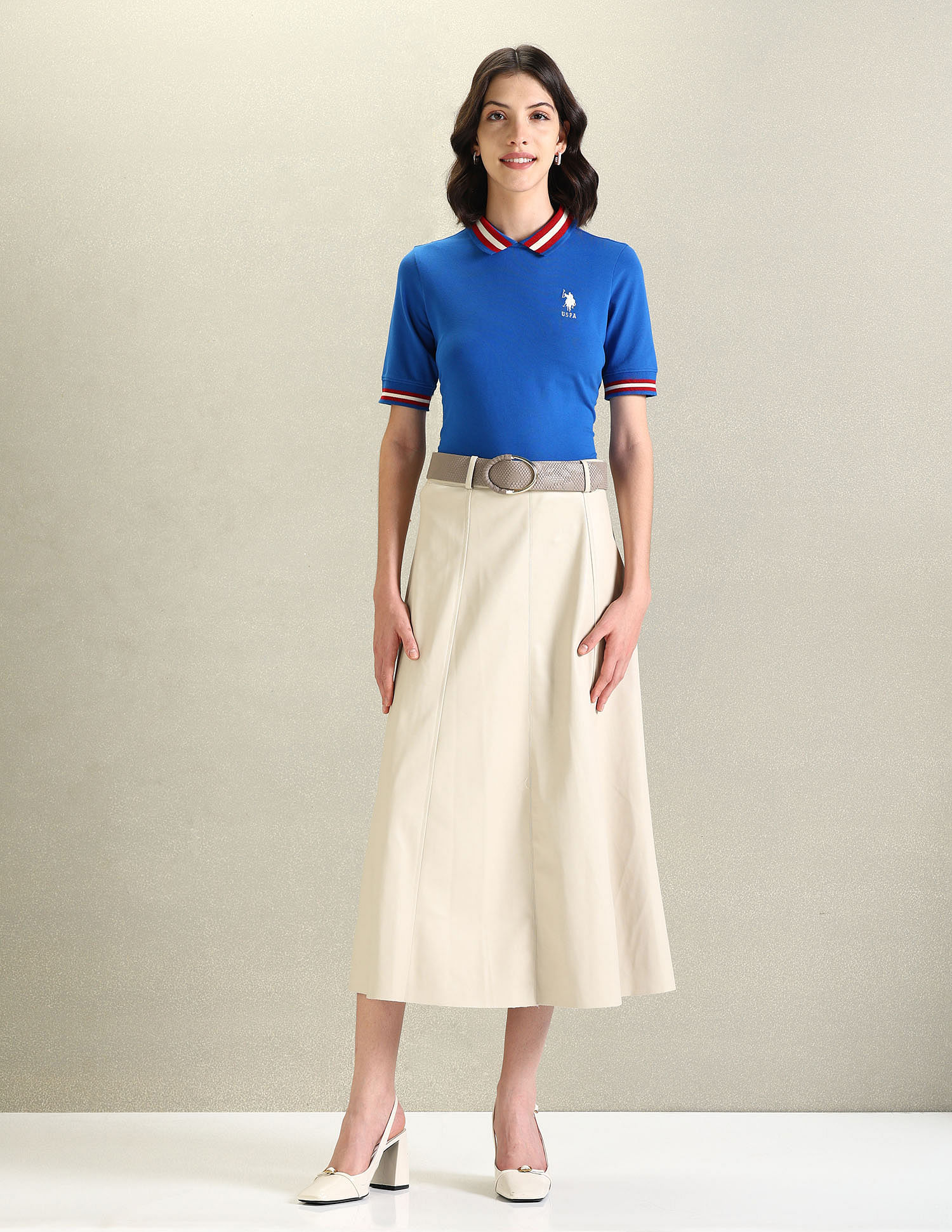 U.S. Polo Assn. Women Striped Collar Pique Polo Shirt