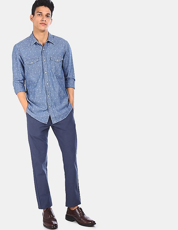 Buy GAP Men Indigo Long Sleeve Printed Chambray Shirt