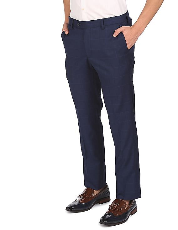 Buy Men Navy Check Slim Fit Formal Trousers Online - 792255 | Peter England