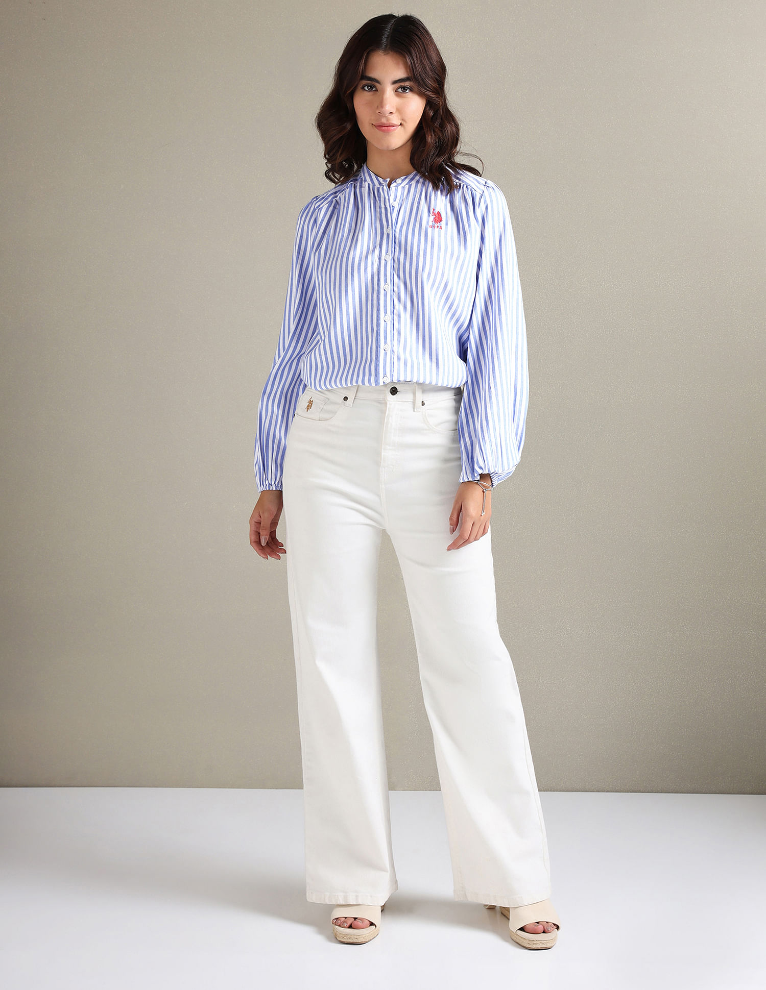 U.S. Polo Assn. Women Vertical Stripe Oxford Shirt