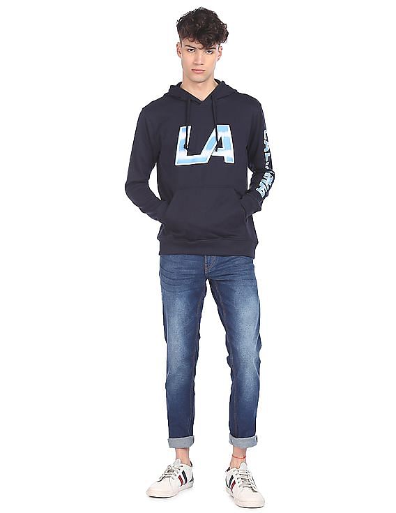 Aeropostale Men Navy Long Sleeve Printed Hood Sweatshirt
