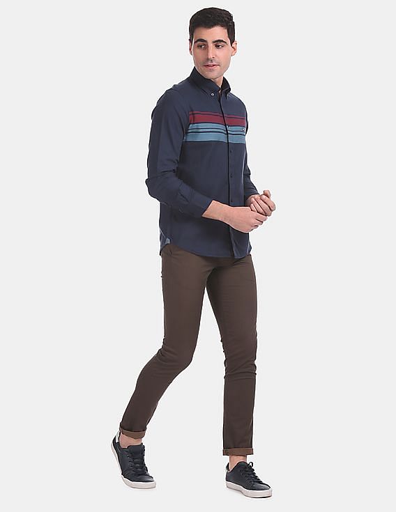 Arrow Sports Chest Stripe Button Down Collar Cotton Casual Shirt