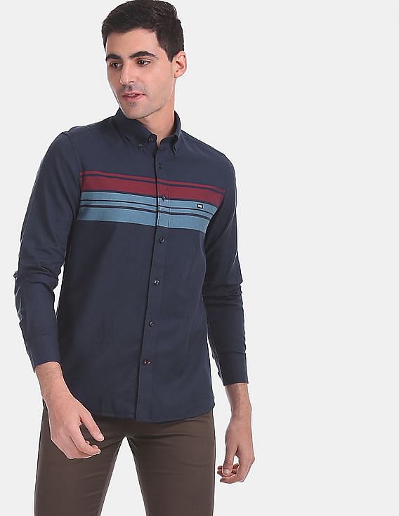 Arrow Sports Chest Stripe Button Down Collar Cotton Casual Shirt