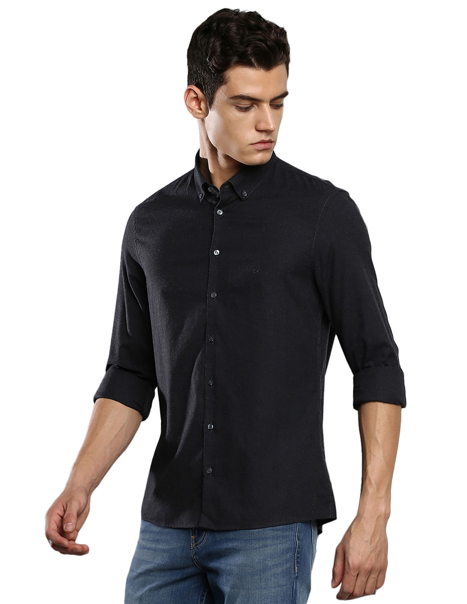 Calvin Klein Men Dark Grey Slim Fit Heathered Cotton Casual Shirt