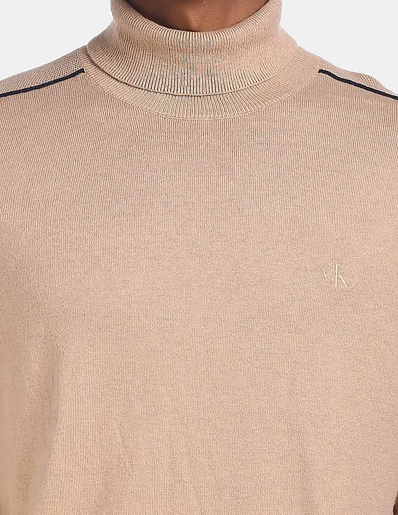 Calvin Klein Men Beige Turtleneck Contrast Piping Sweater