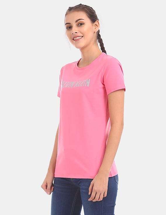 Buy Calvin Klein Women Pink Short Sleeve Crew Neck Stretch Logo T