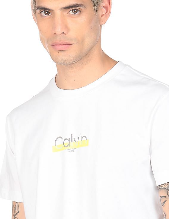 Calvin Klein Men White Round Neck Brand Print T-Shirt