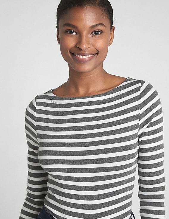 Buy GAP Women Grey Modern Striped Long Sleeve Boat Neck T-Shirt