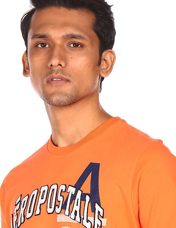 Aeropostale Men Orange Crew Neck Appliqued Logo T-Shirt