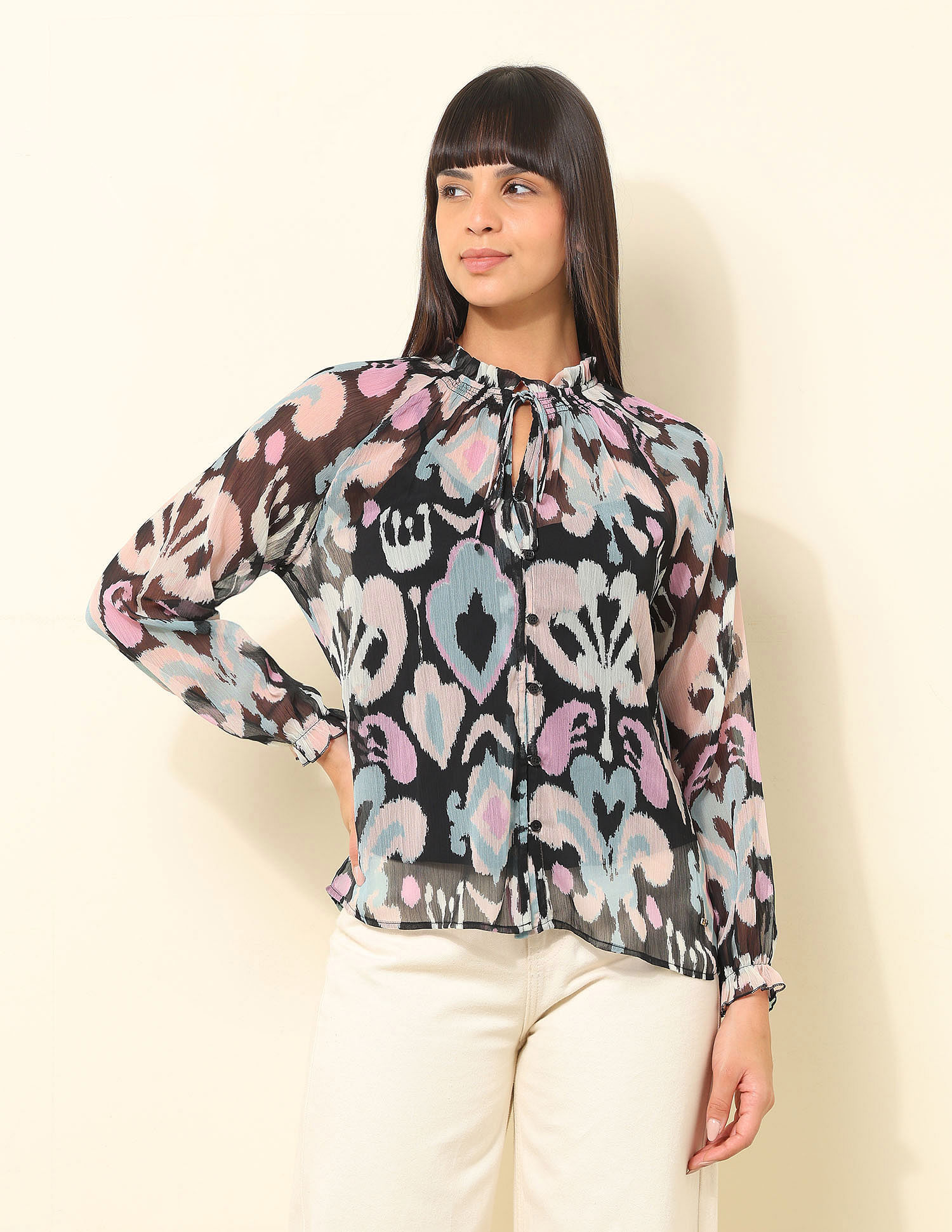 U.S. Polo Assn. Women Ruffle Neck Floral Printed Top