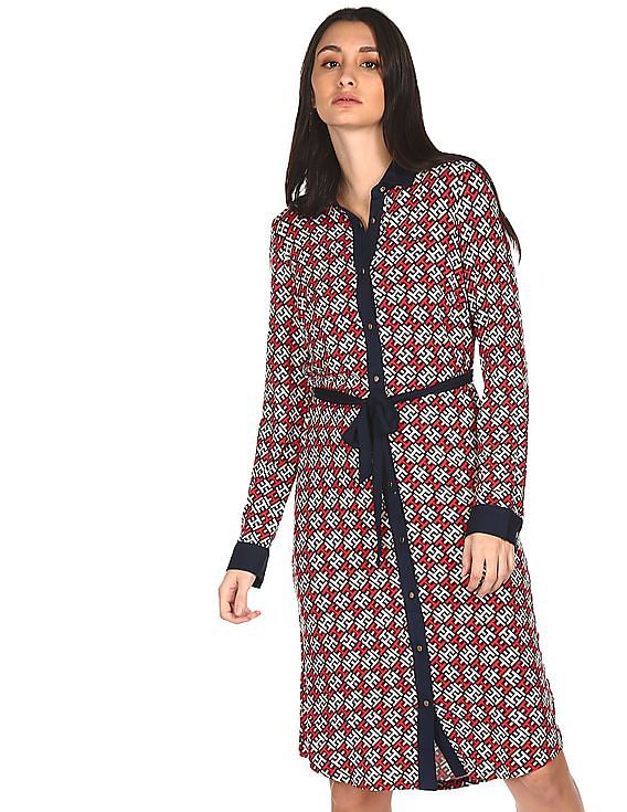 Tommy Hilfiger TH Monogram Shirt Dress Burgundy Multi