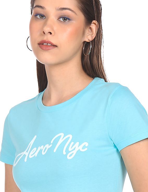 Aeropostale Women Aqua Cotton Brand Print T-Shirt