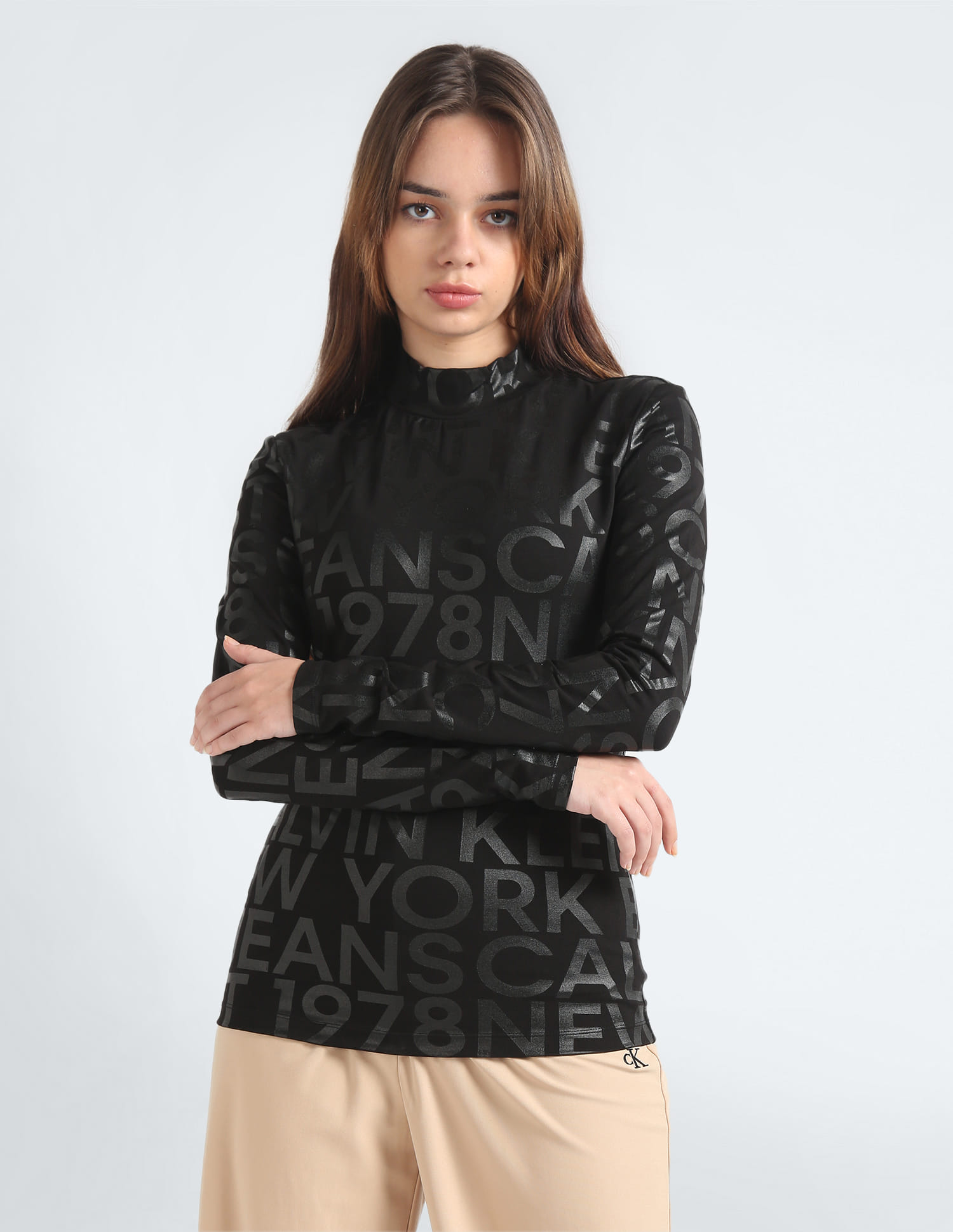 Buy Calvin Klein Mock Neck Long Sleeve Top