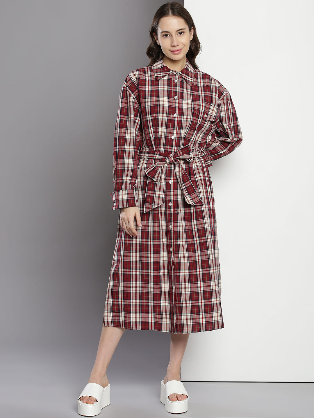knee length dresses for ladies Tommy Hilfiger RWB Check Womens Midi Shirt Dress – CHO main image 1