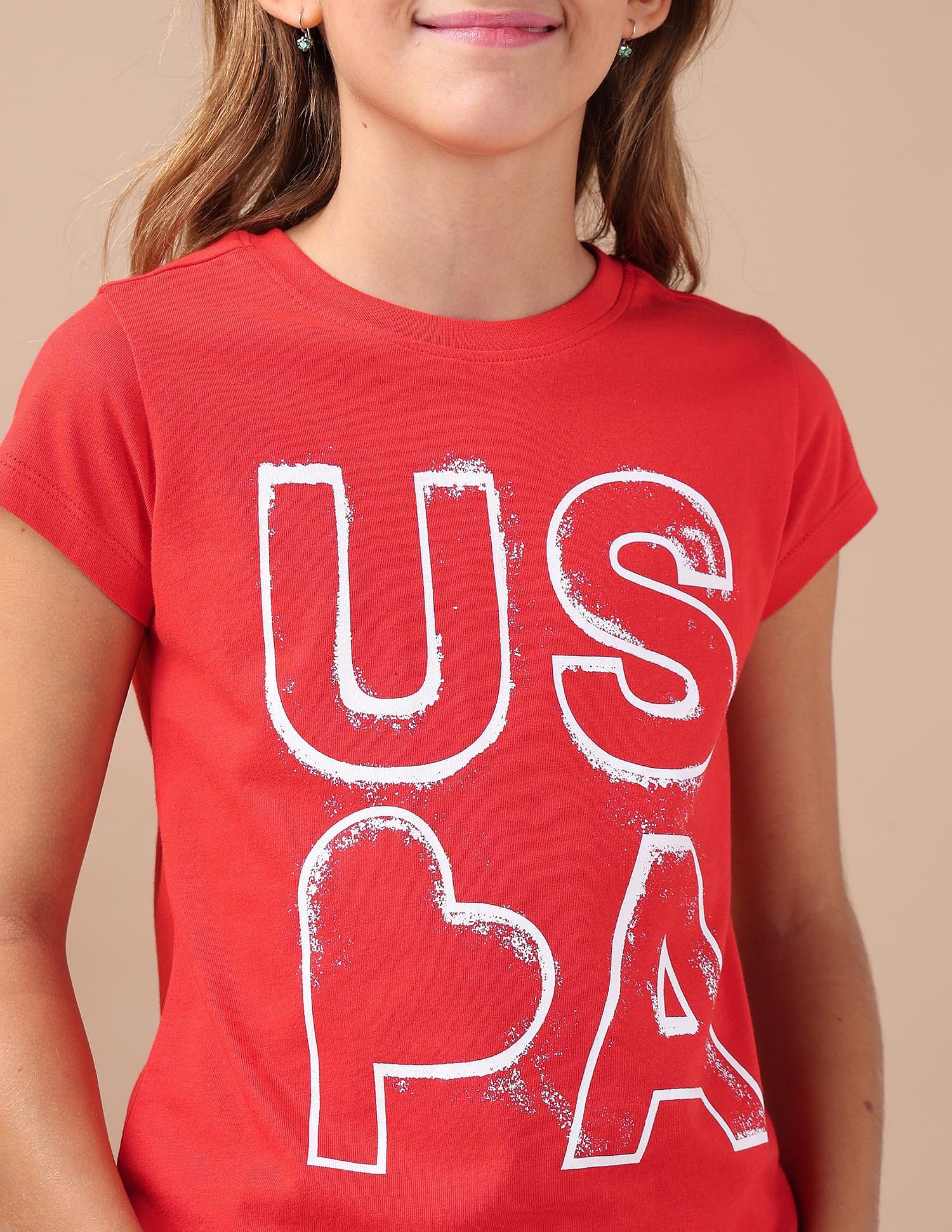 U.S. Polo Assn. Kids Girls Brand Printed Regular Fit T-Shirt