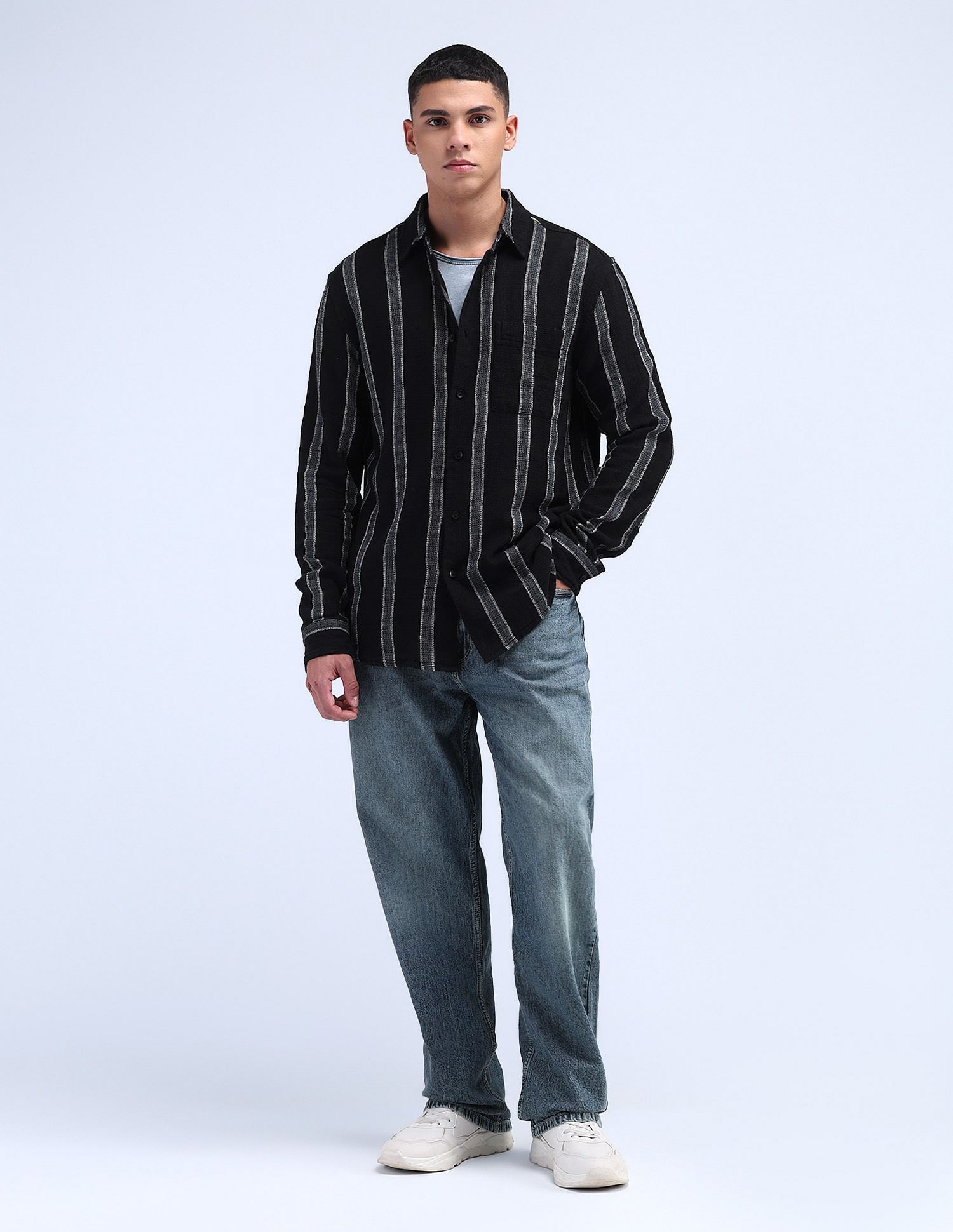 Flying Machine Vertical Striped Cotton Shirt