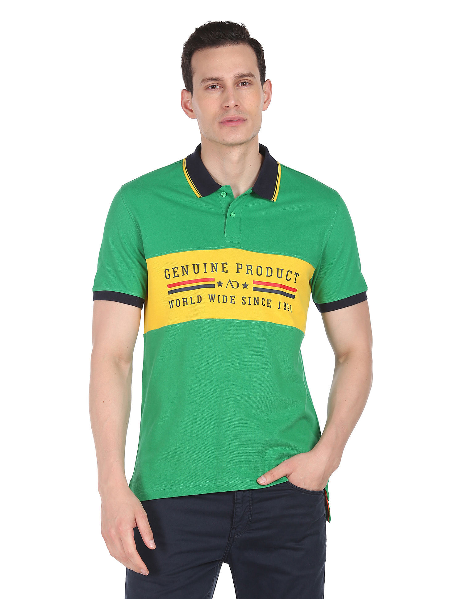 AD by Arvind Cotton Colour Block Polo Shirt