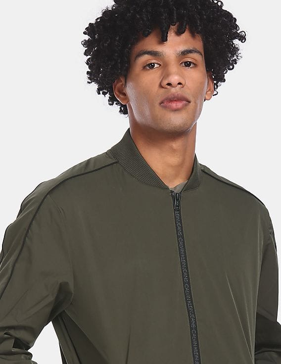 Buy Calvin Klein Men Olive Stand Collar Solid Bomber Jacket