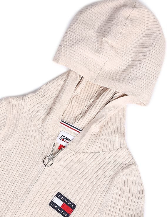 Beige Badge Logo Ribbed Hooded Cardigan 