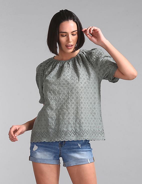 Buy GAP Women Women Green Short Sleeve Eyelet Top - NNNOW.com