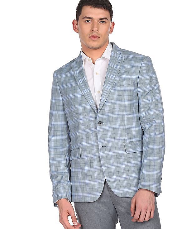 Blue Linen Check Notch Collar Jacket