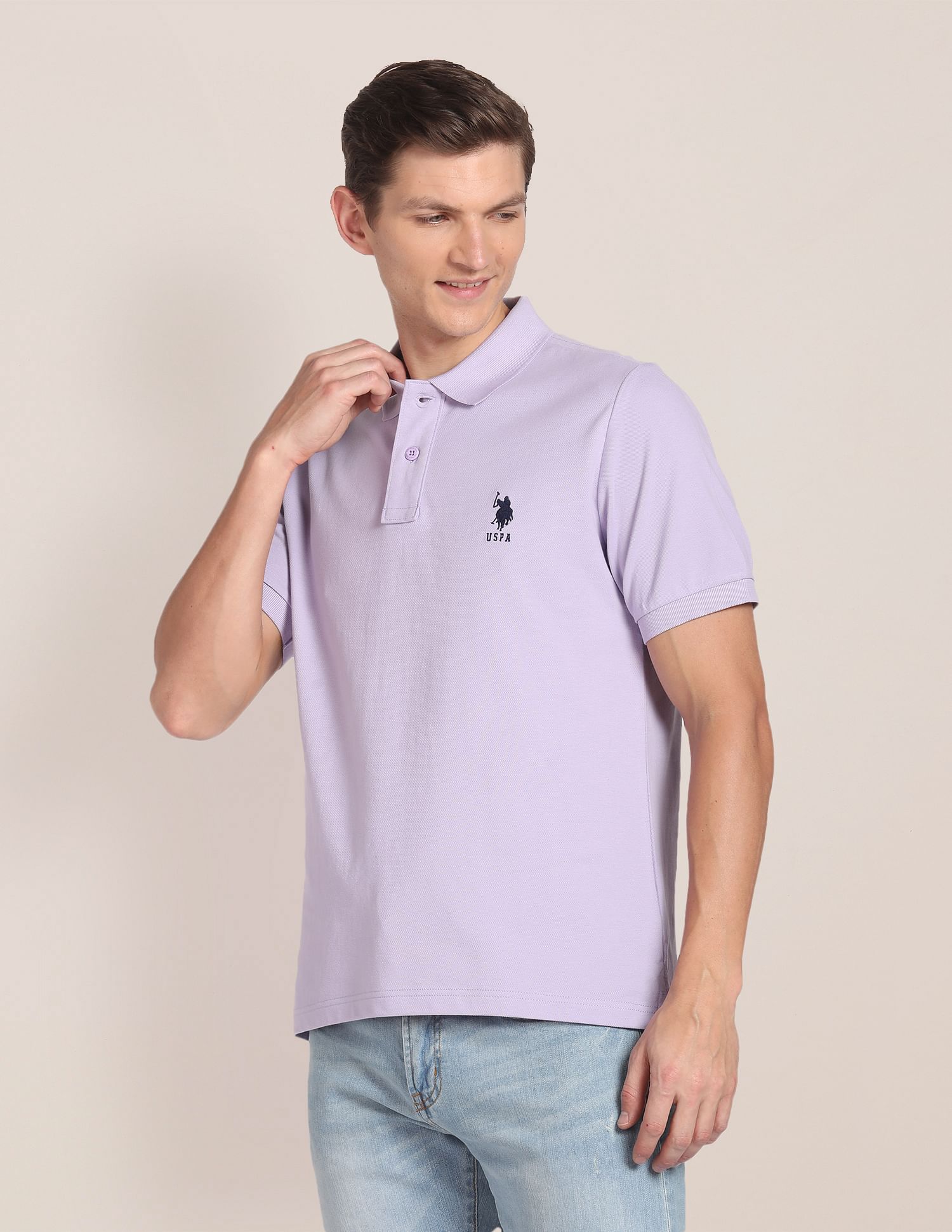 U.S. Polo Assn. Men Lavender Pure Cotton Solid Polo Shirt