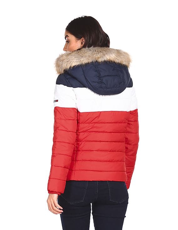Buy Tommy Hilfiger Women Red And Navy Colour Block Detachable Hood