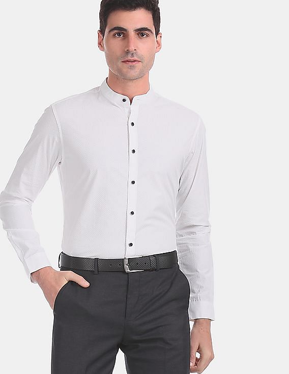 Flying Machine Mandarin Collar Tonal Print Shirt