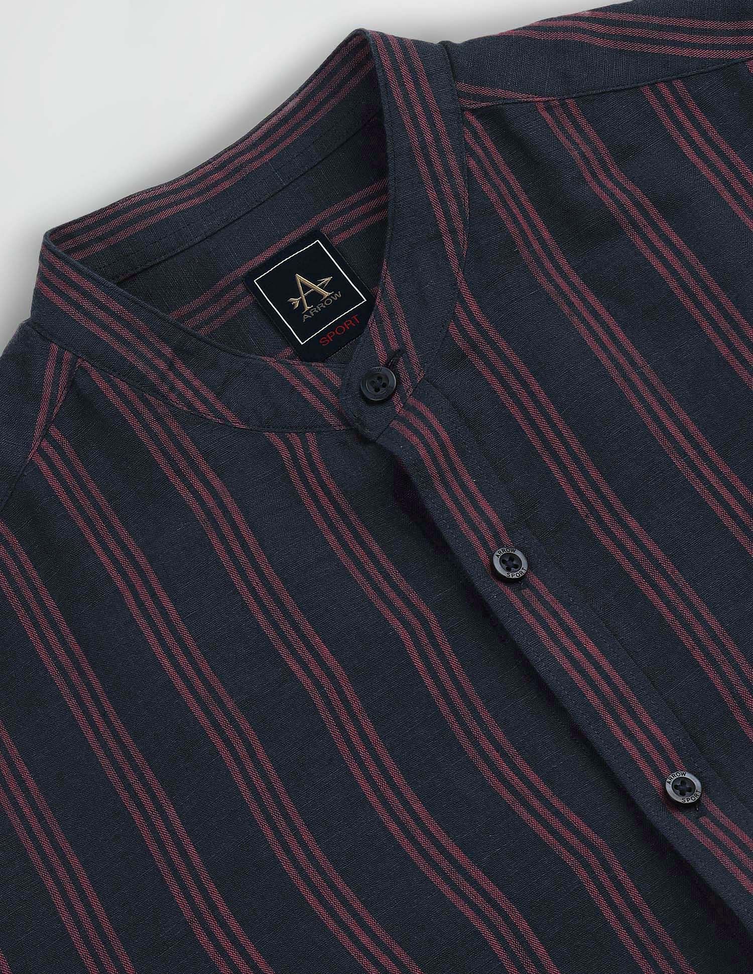 Arrow Sports Mandarin Collar Vertical Stripe Shirt