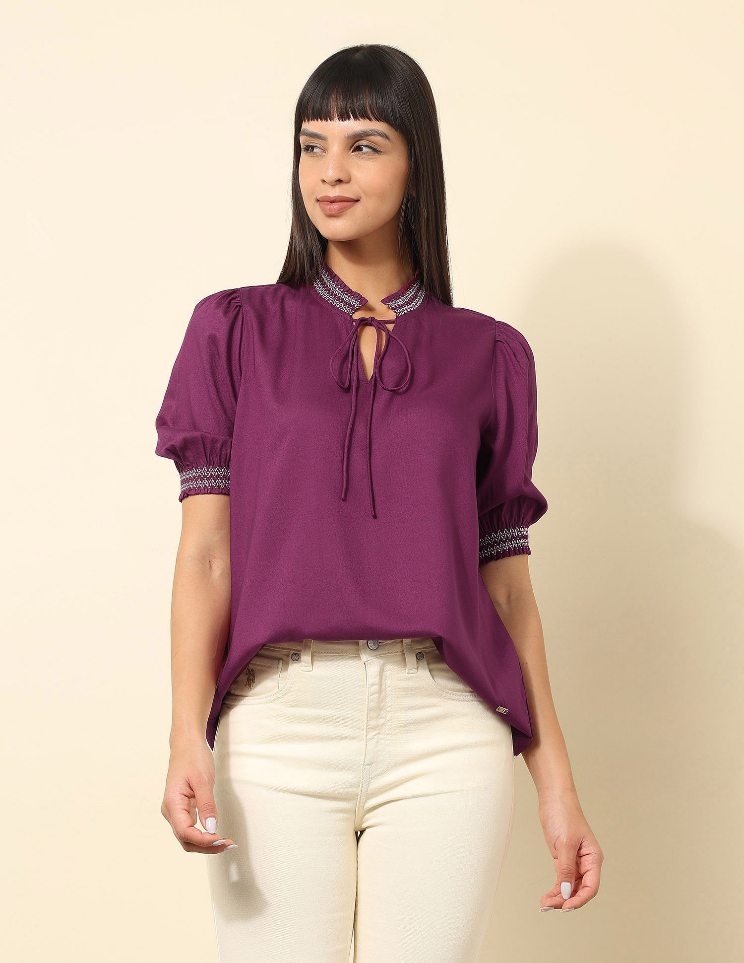U.S. Polo Assn. Women Ruffle Neck Solid Top