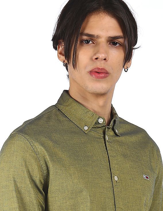 Tommy Hilfiger Men Yellow And Navy Stretch Two Tone Oxford Casual Shirt