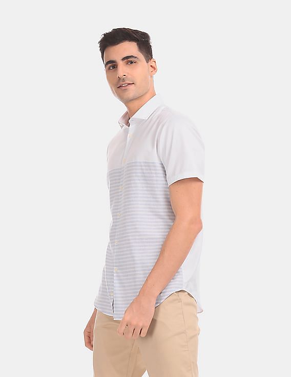 Calvin Klein Men White Short Sleeve Horizontal Cut And Sew Stripe Casual Shirt