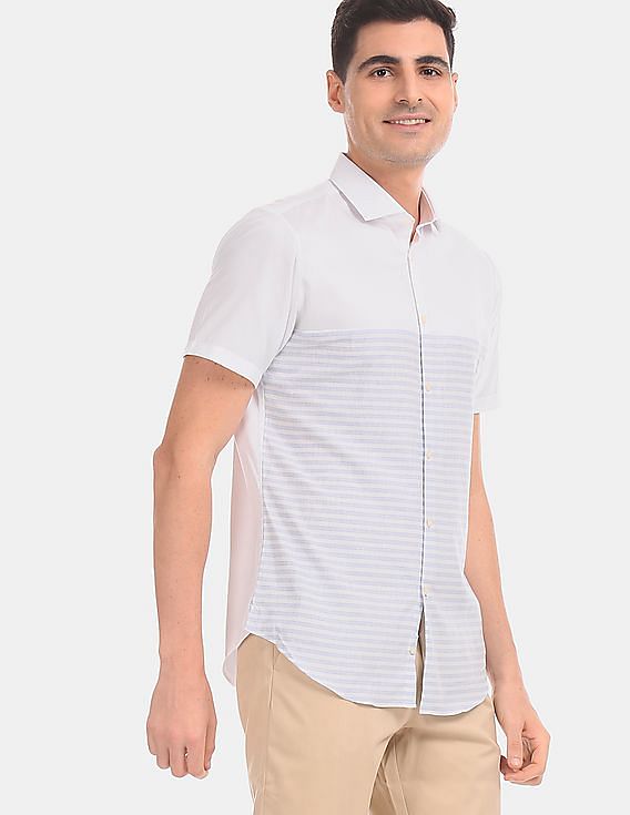 Calvin Klein Men White Short Sleeve Horizontal Cut And Sew Stripe Casual Shirt