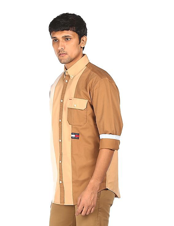 Tommy Hilfiger Men Brown Button Down Collar Color Block Shirt