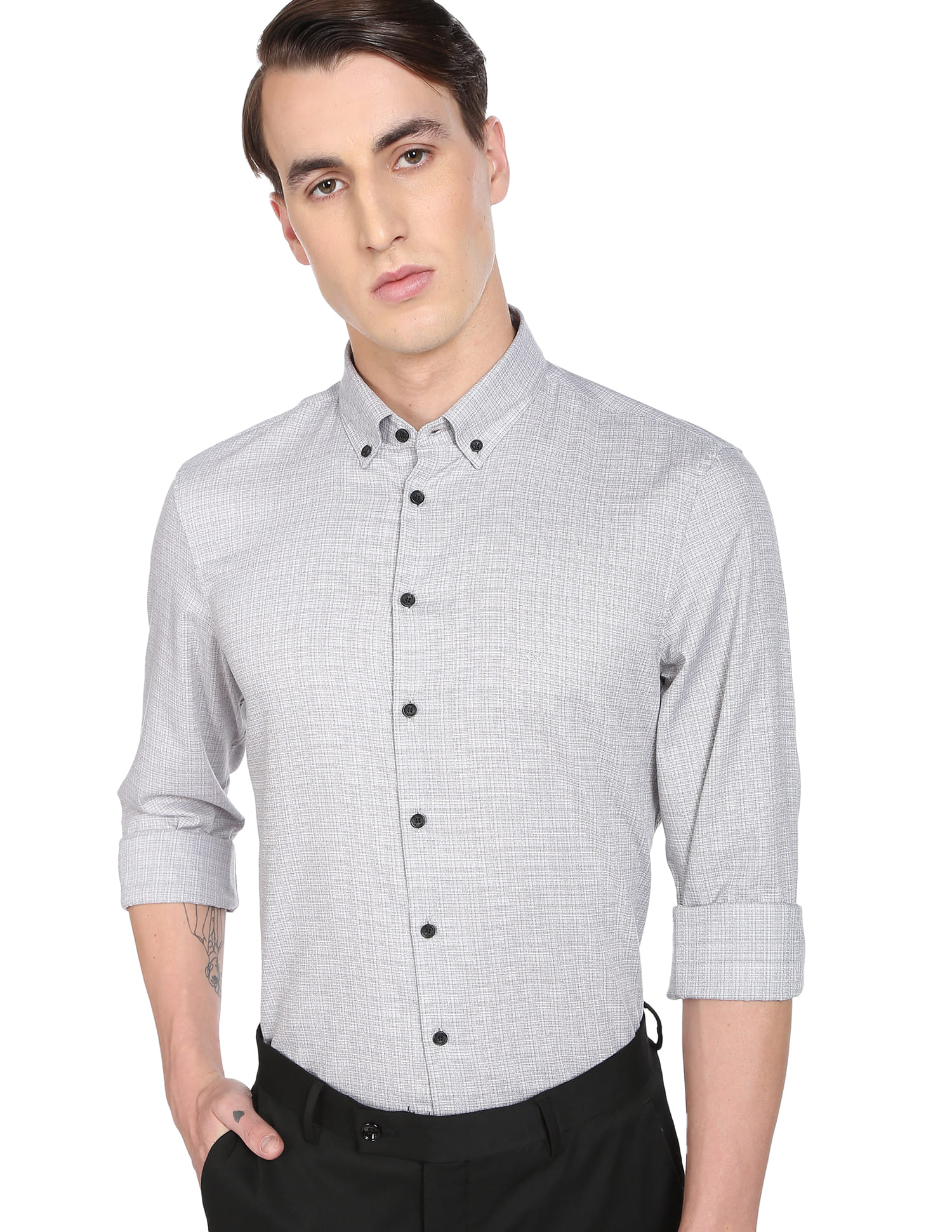 Buy Calvin Klein Men Grey Micro Check Slub Slim Fit Formal Shirt