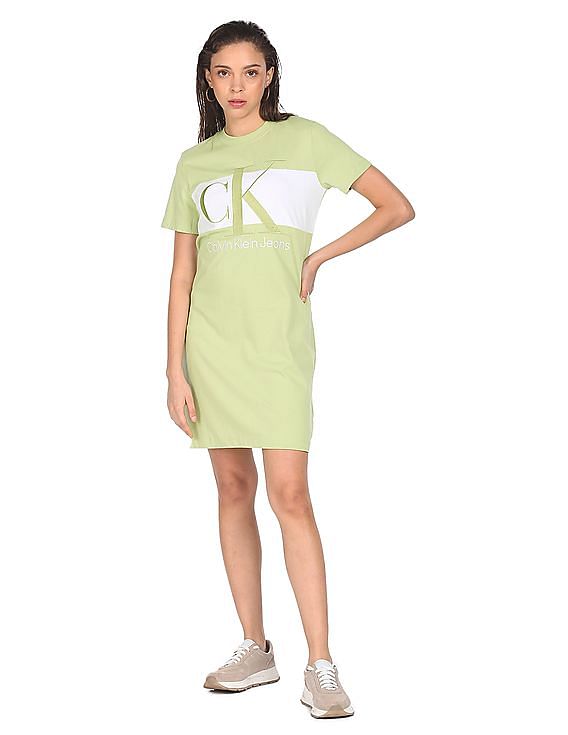 Calvin Klein Women Light Green Colour Block Logo T-Shirt Dress