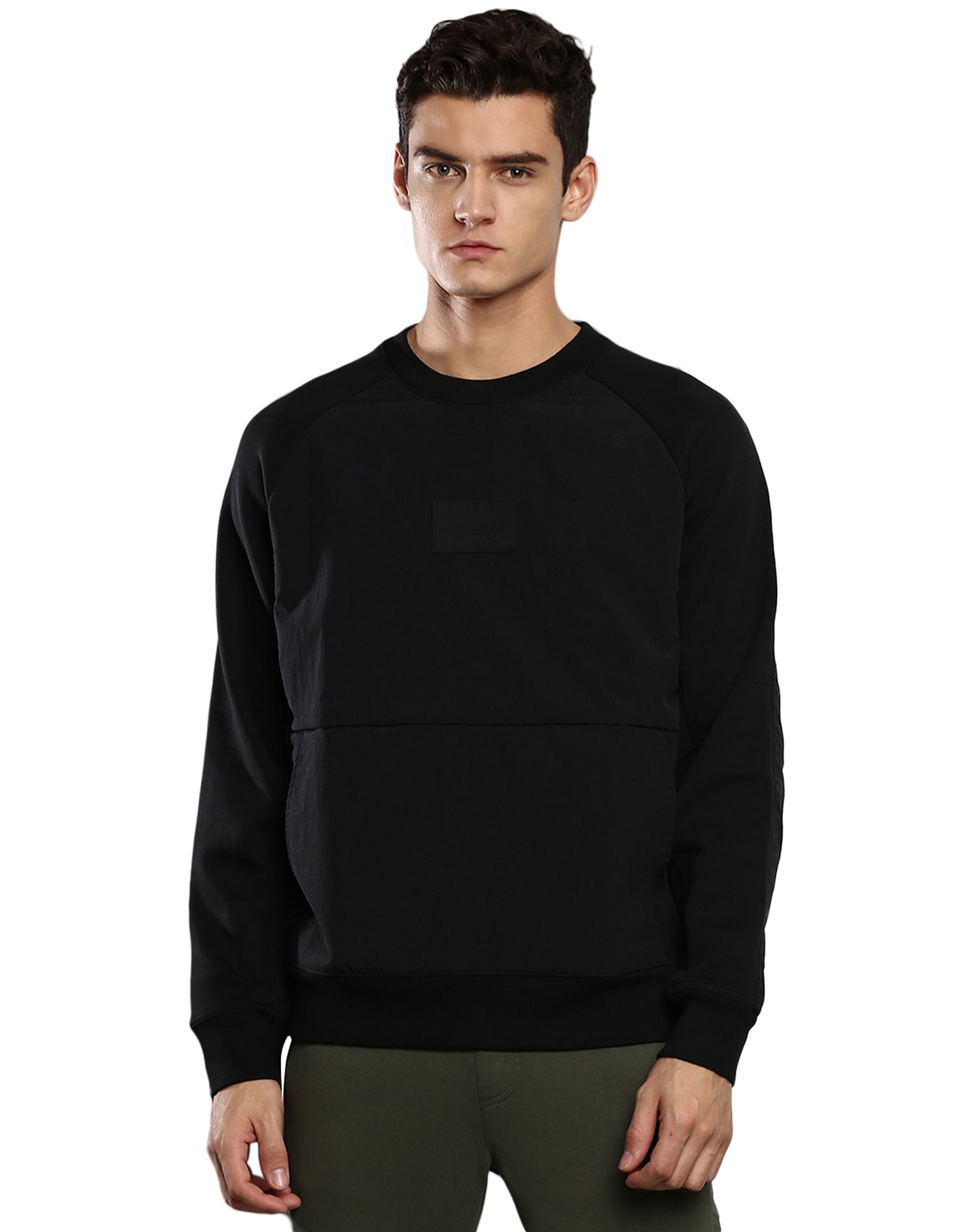 Calvin Klein Men Black Crew Neck Mix Media Sweatshirt
