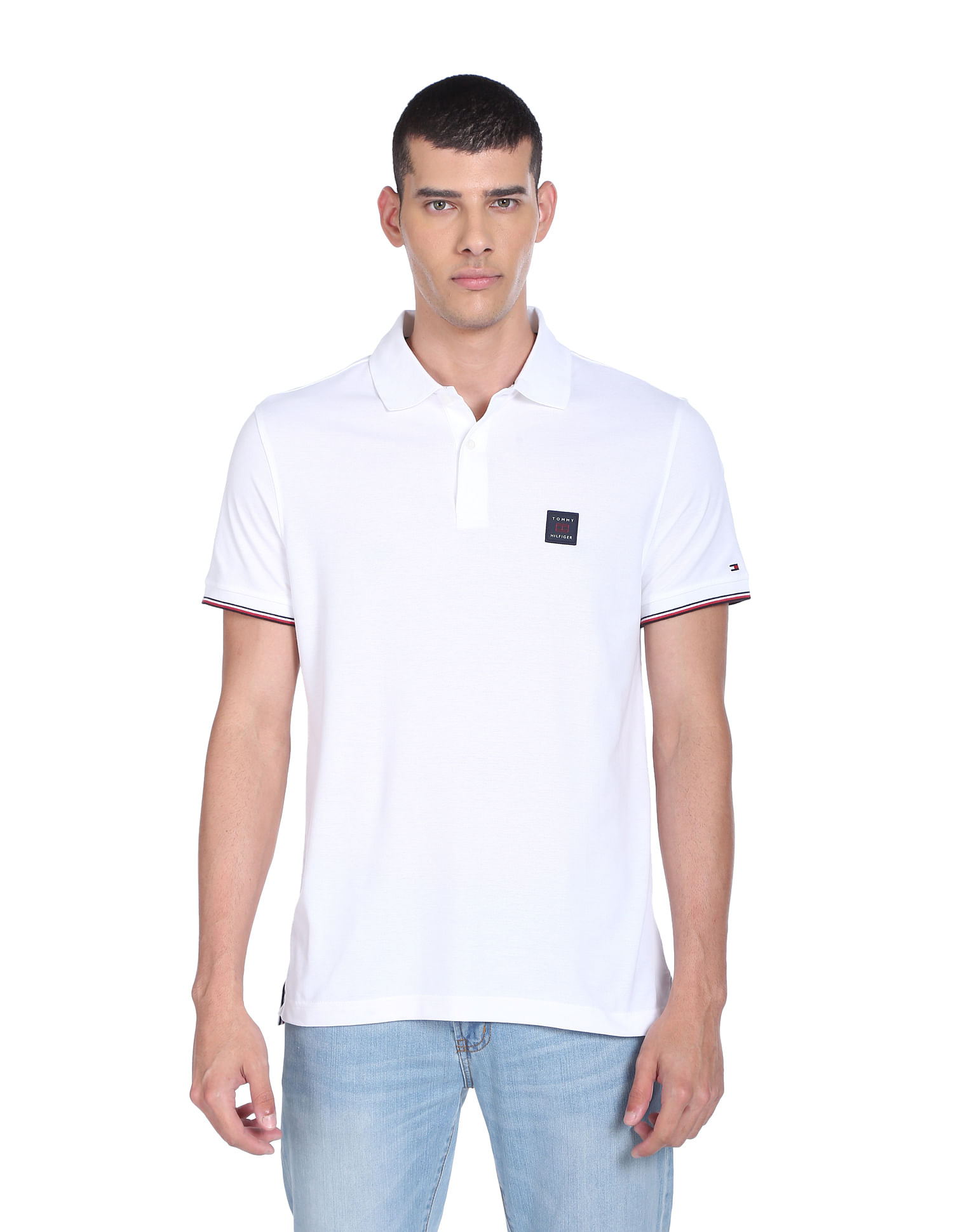 Tommy Hilfiger Men White Essential Logo Badge Regular Fit Cotton Polo Shirt