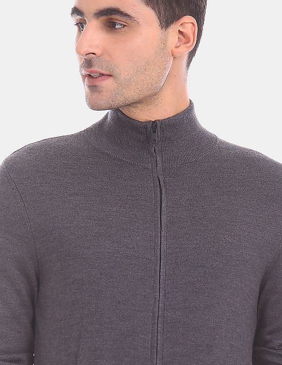 Buy Calvin Klein Men Grey High Neck Full Zip Closure Wool Sweater -  NNNOW.com