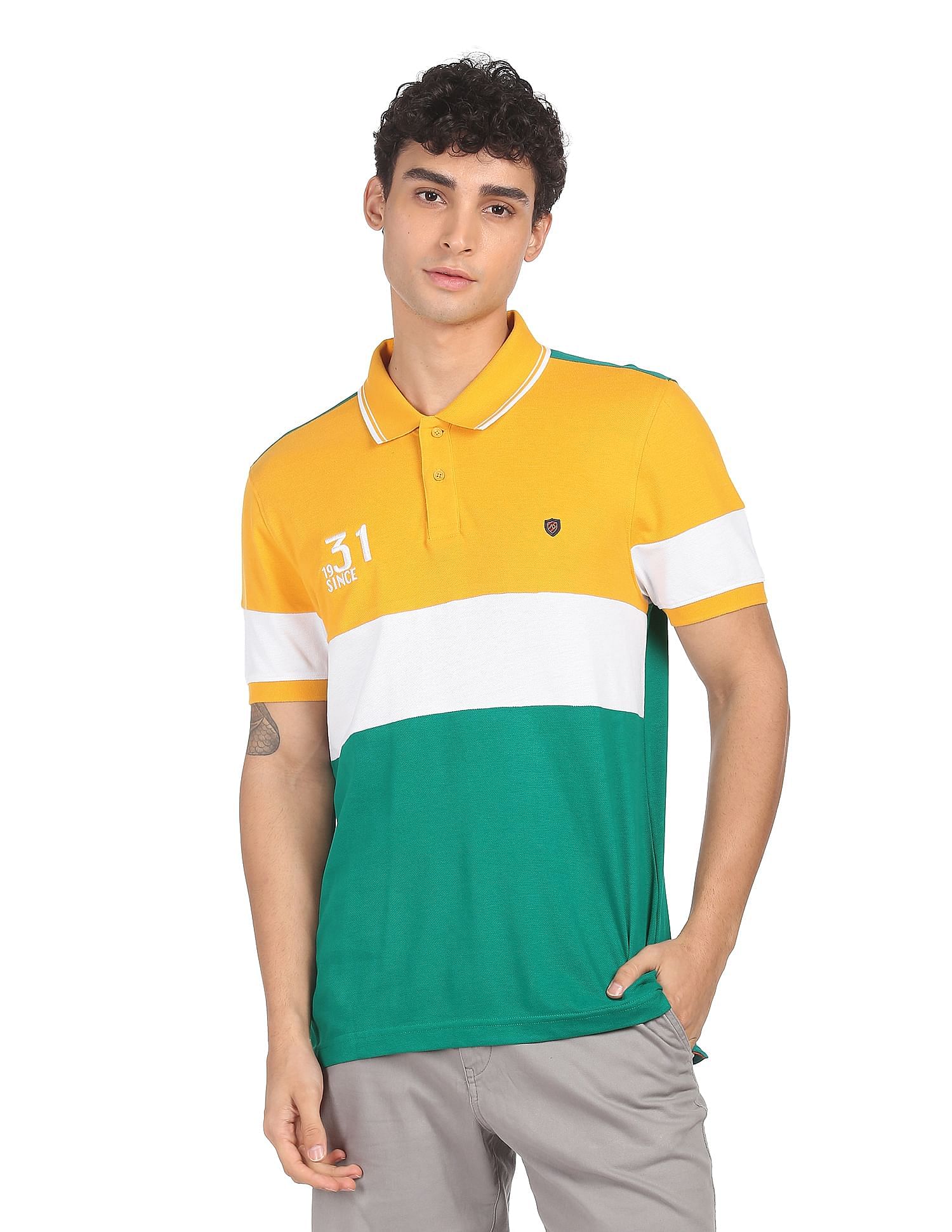 AD by Arvind Panelled Cotton Colour Block Polo Shirt