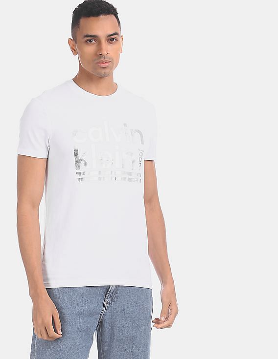 Buy Calvin Klein Men White Crew Neck Metallic Brand Print Stretch T-Shirt -  
